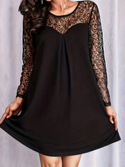  Casual Dress Women's Plus Solid Contrast Lace Long Sleeve Dress