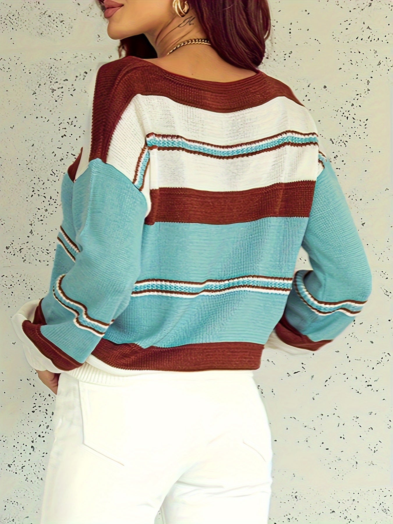  Colorblock Stripe Print V-Neck Sweater