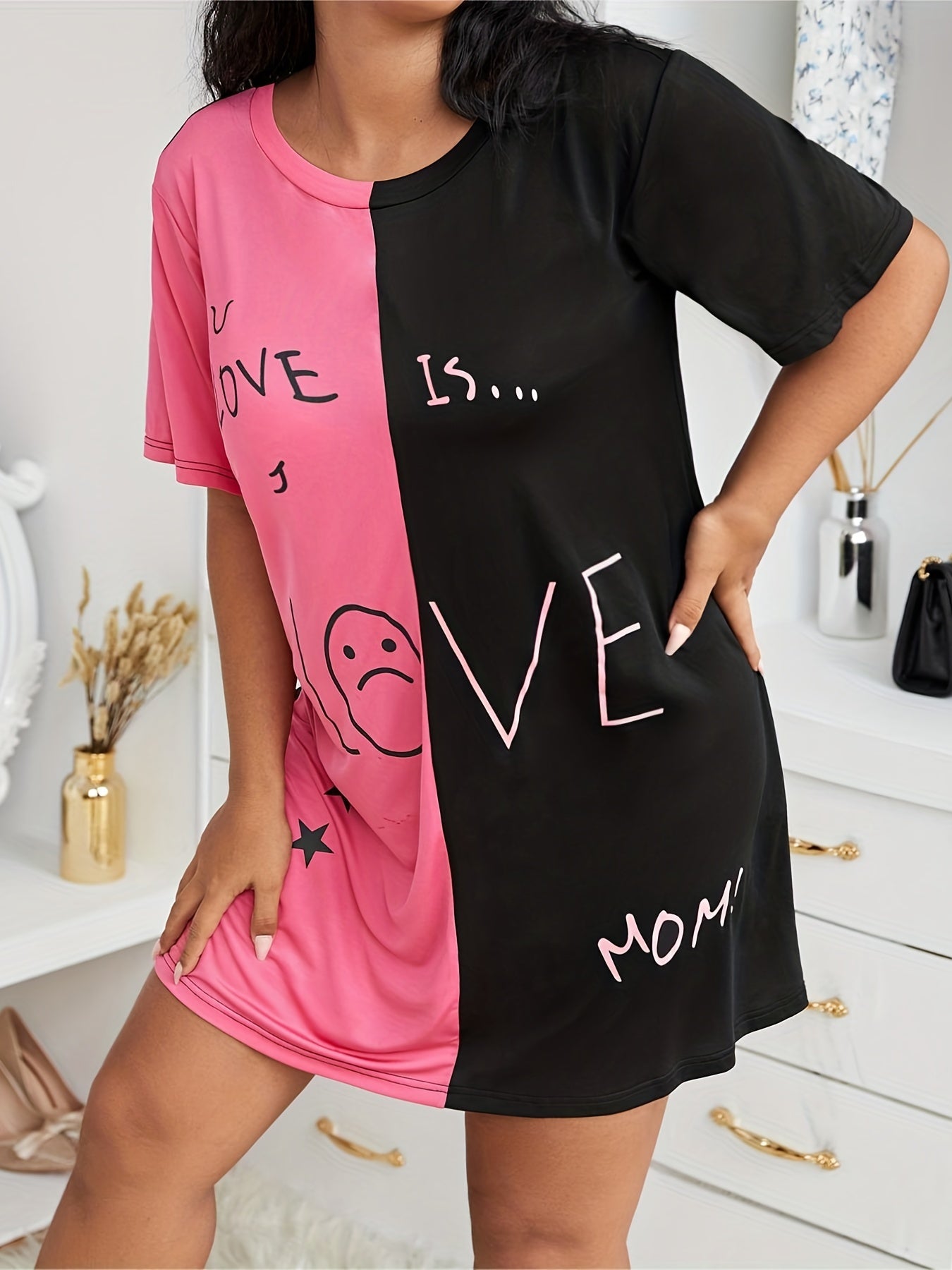  Colorblock Sleep Dress Short Sleeve High Stretch Nightdress