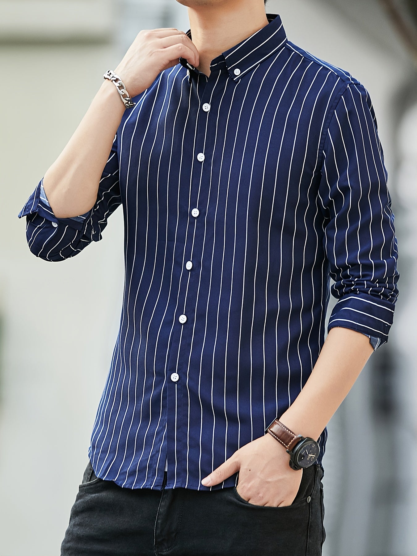 Men's Striped Long Sleeve Shirt Slim Business Casual Button Down