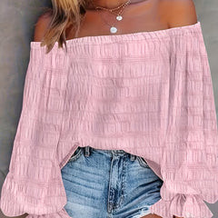  Solid Crinkle Lantern Sleeve Off Shoulder Top
