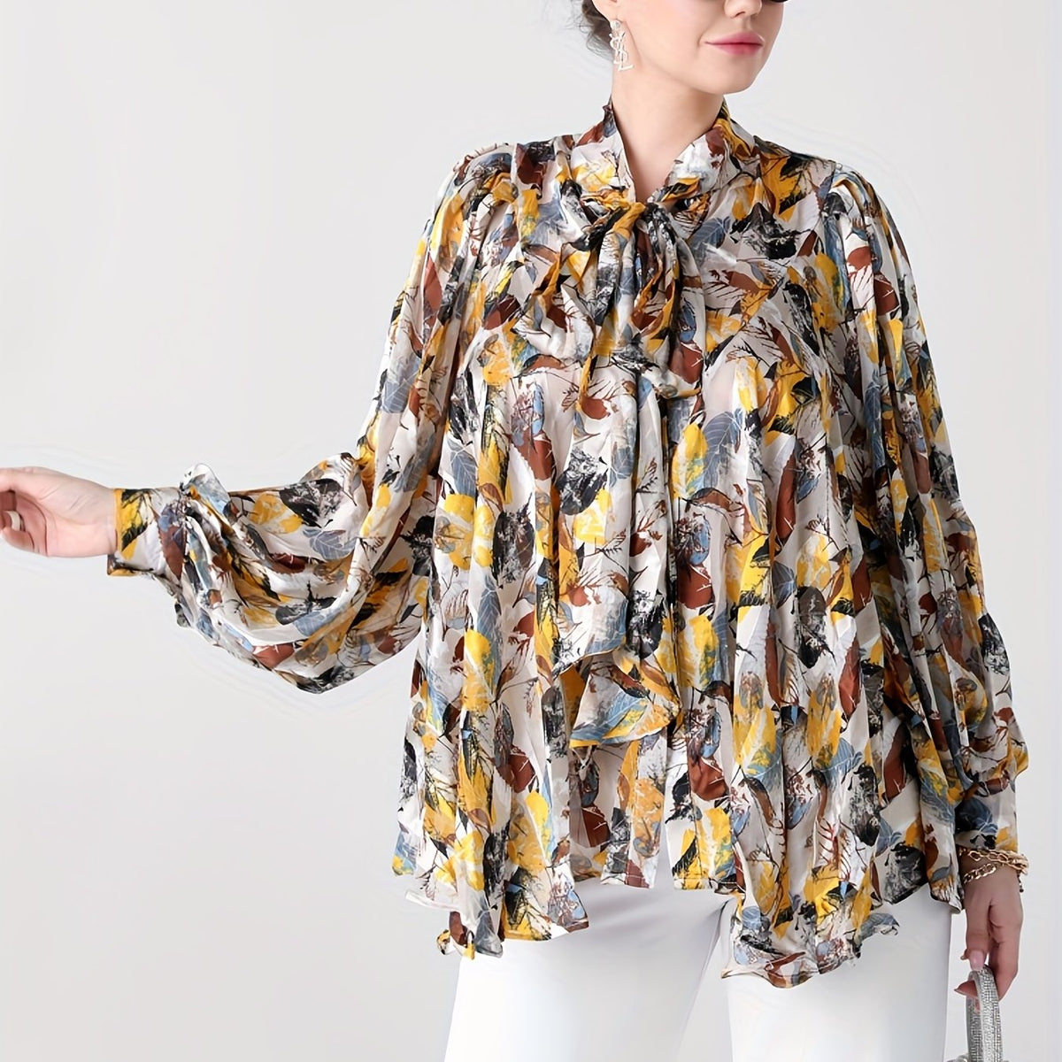  Vacay Blouse Women's Plus Leaf Print Lantern Sleeve Blouse
