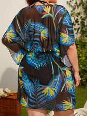  Tropical Print Sheer Cover Up Dress Women's Beachwear Cover Ups