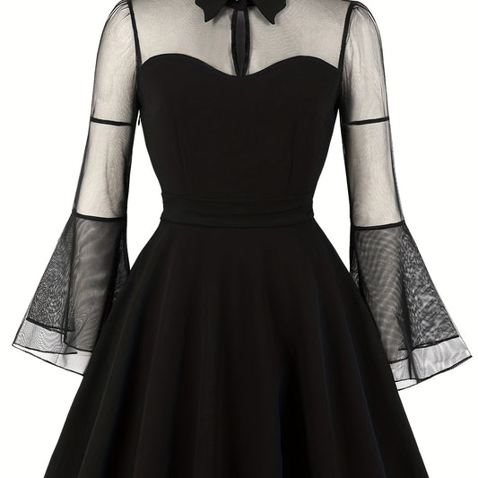  Contrast Mesh Sleeve Polo Neck Dress