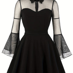  Contrast Mesh Sleeve Polo Neck Dress