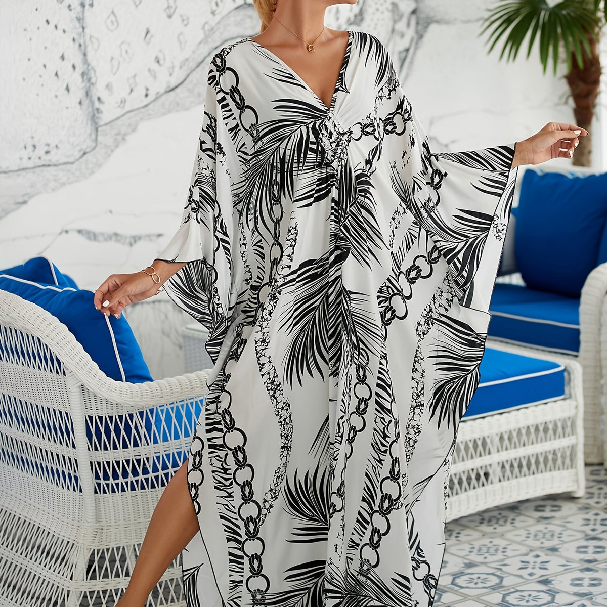  Leaf Print Bat Sleeve V Neck Cover Up Dress