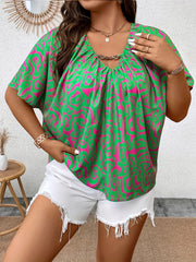  Allover Print Metal Decor V-Neck Top