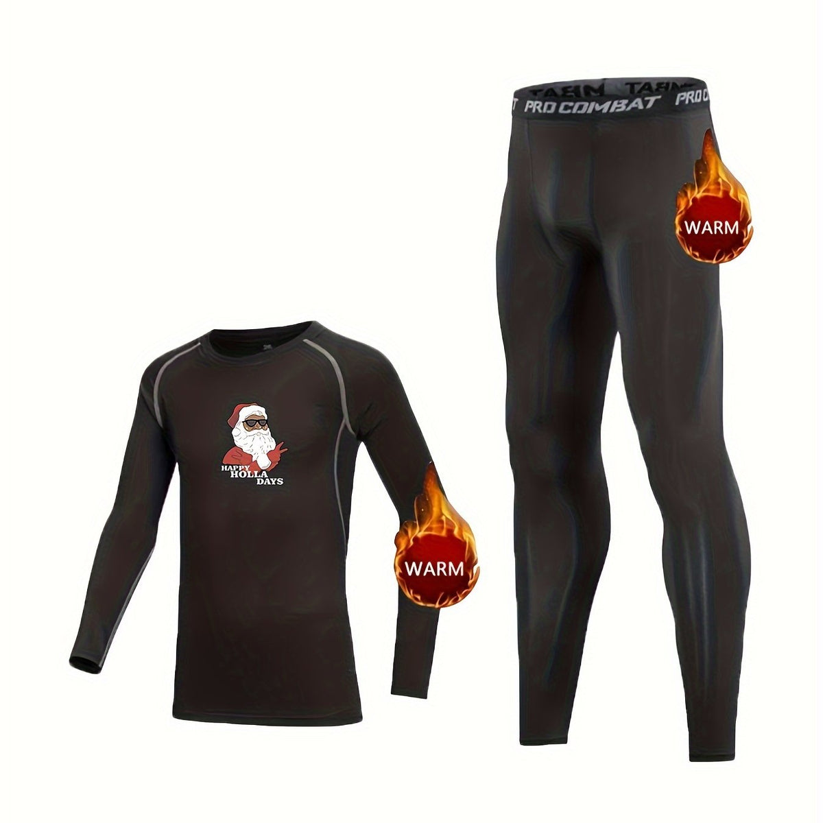 Kids Fleece Lined Compression Base Set Christmas Santa Long Sleeve Tops & Leggin