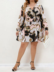  Colorblock Chain Print Long Sleeve Dress