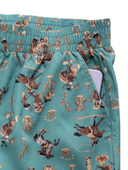 Cowboy Print Plus Size Western Pants Women's Straight Leg Drawstring Trousers