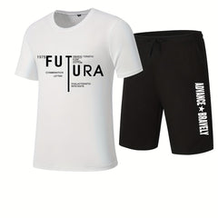 Men's Letter Print T shirt & Casual Stretch Shorts