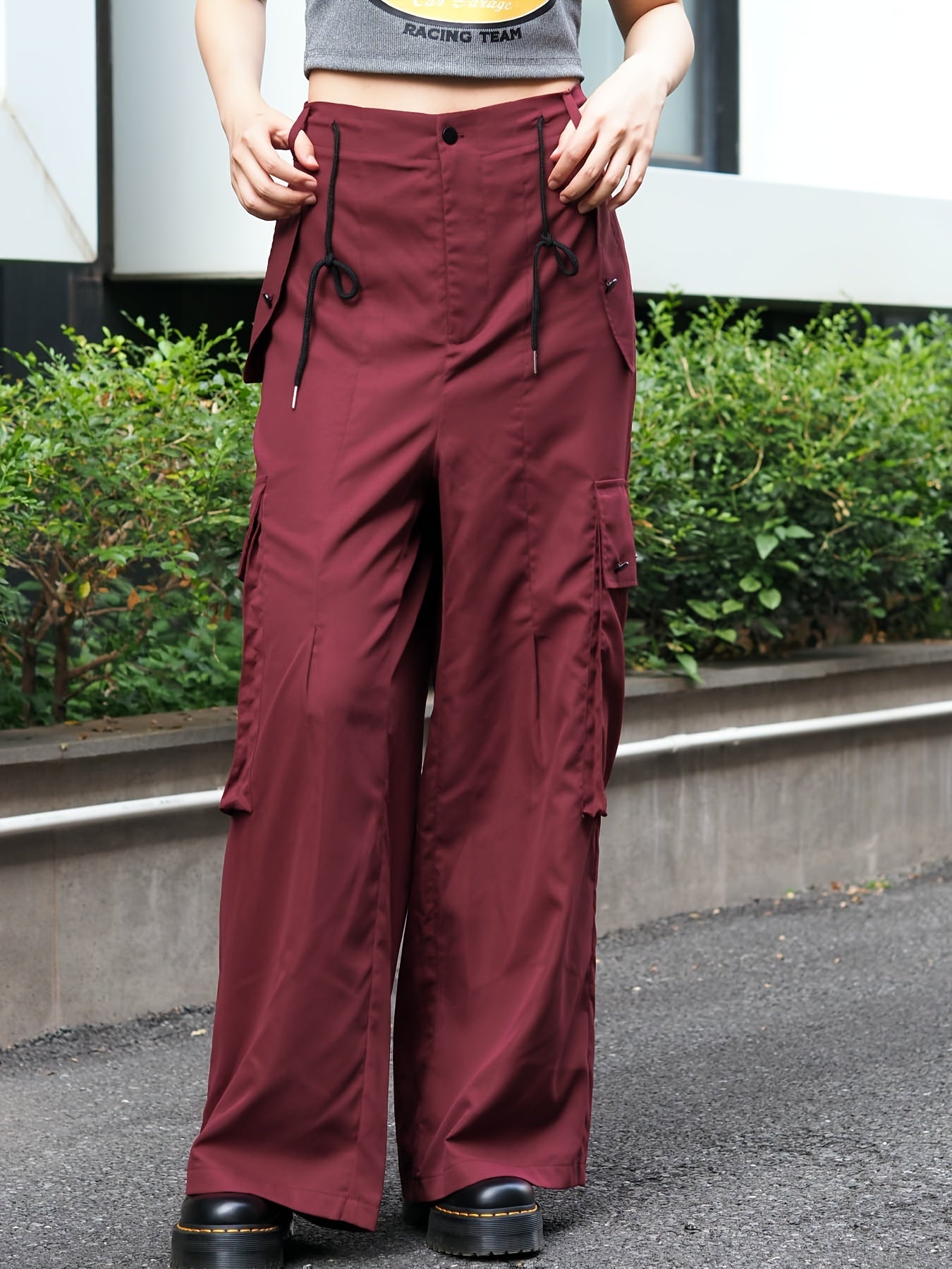 Women's Plus Size Cargo Trousers Button Fly Drawstring Wide Leg