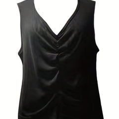  Sexy Tank Top Women's Plus Solid Ruched Front V Neck Medium Stretch