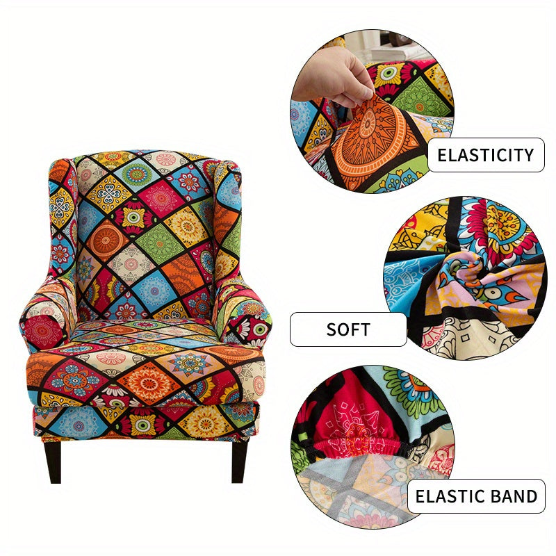 2pcs Wingback Chair Slipcover Spandex Printed Fabric Furniture Protector