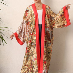  Boho Kimono Tropical Print Long Sleeve Beach Cover Up