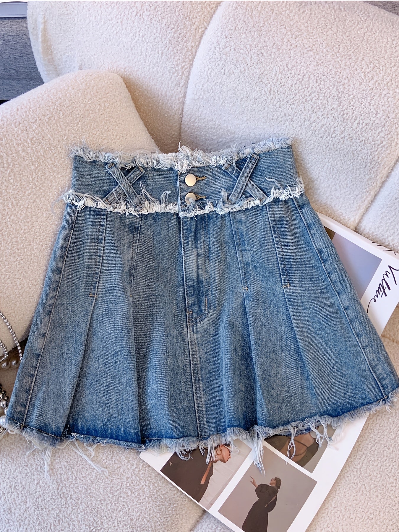 Pleated Double Button Cross Denim Skirt