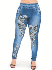  Denim & Butterfly Print Skinny Leggings