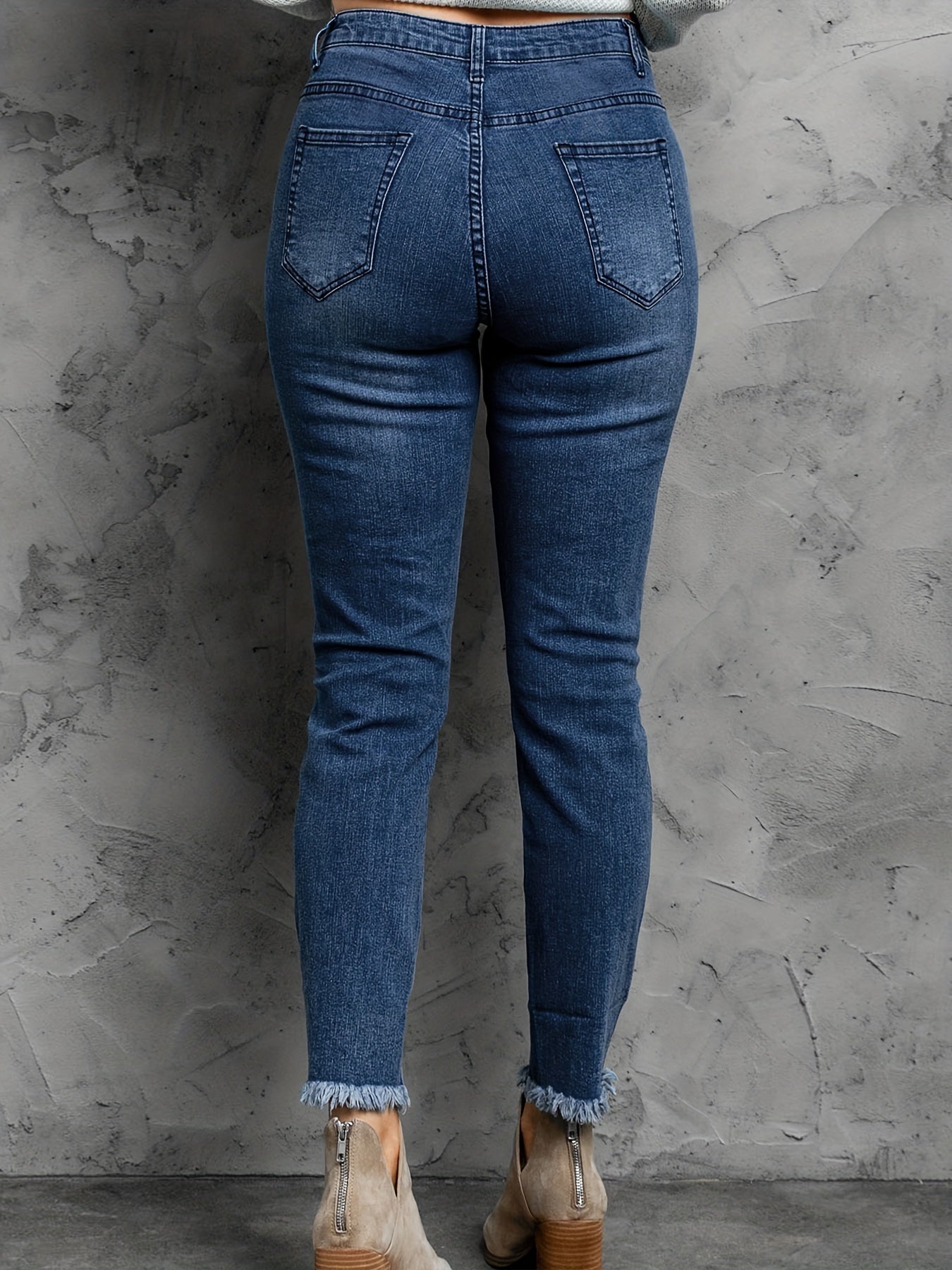  Casual Jeans Women's Solid Ripped Trim Slim Fit Jeans
