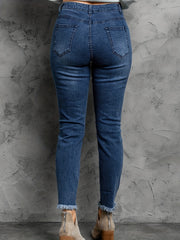  Casual Jeans Women's Solid Ripped Trim Slim Fit Jeans