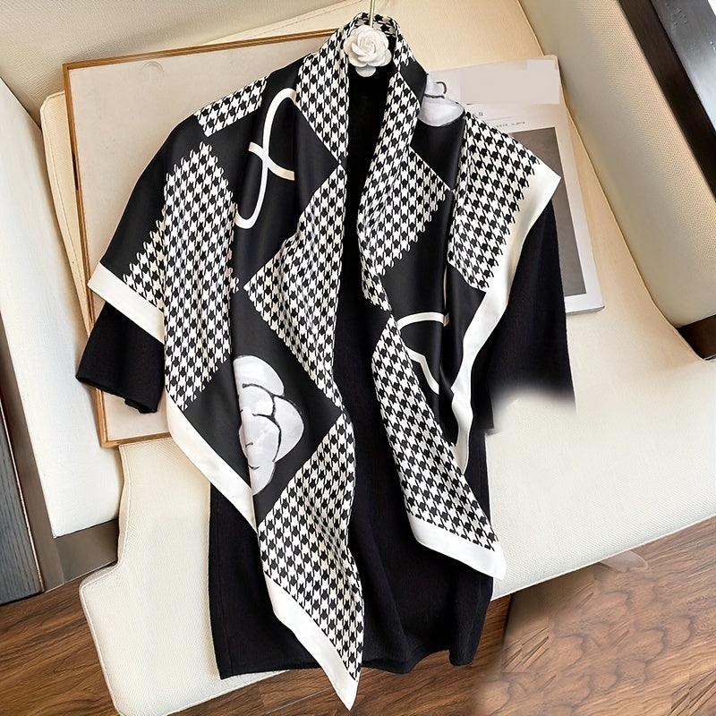 Rose & Houndstooth Silk Shawl Scarf Wrap Gift For Mother's Day