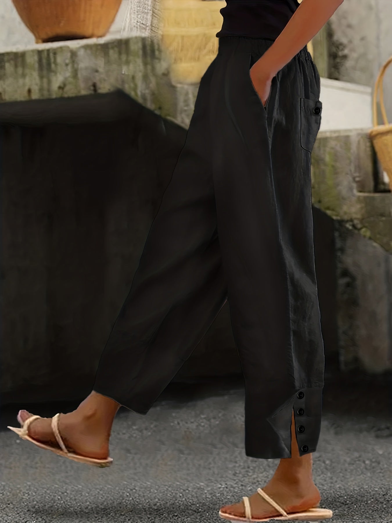  Solid Elastic Ruched Trousers With Pockets