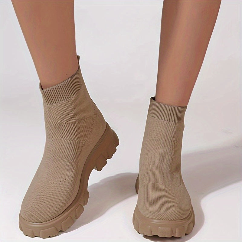 Women's Knitted Ankle Boots Solid Round Toe Slip on Boots