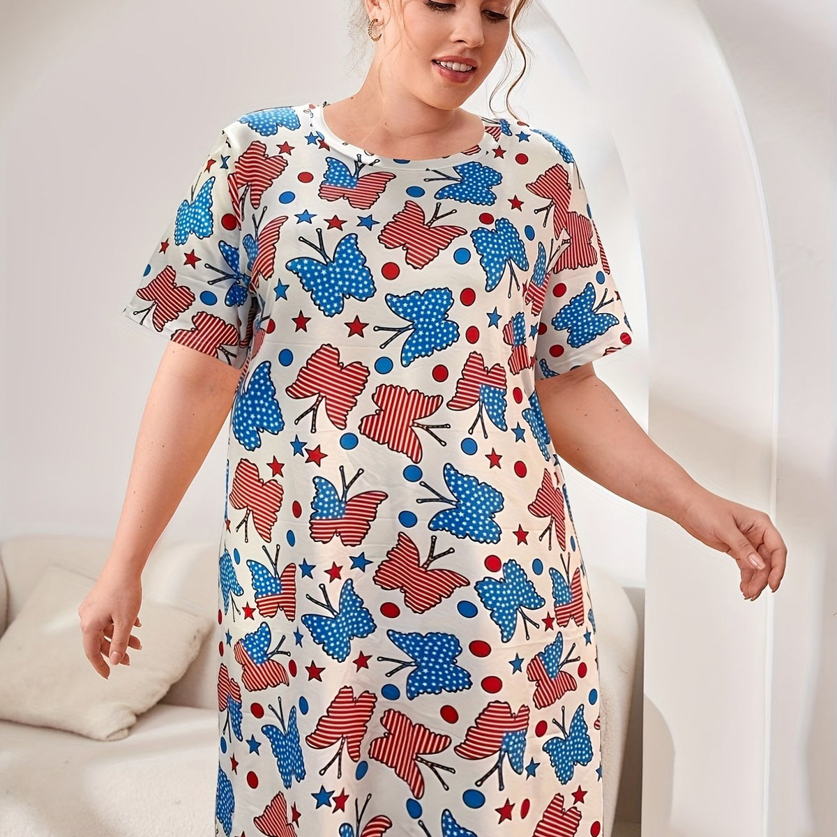  Independence Casual Loungewear Dress Women's Plus Flag & Butterfly