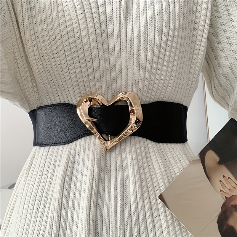 Golden Heart Buckle Wide Belt Elastic Waistband for Women