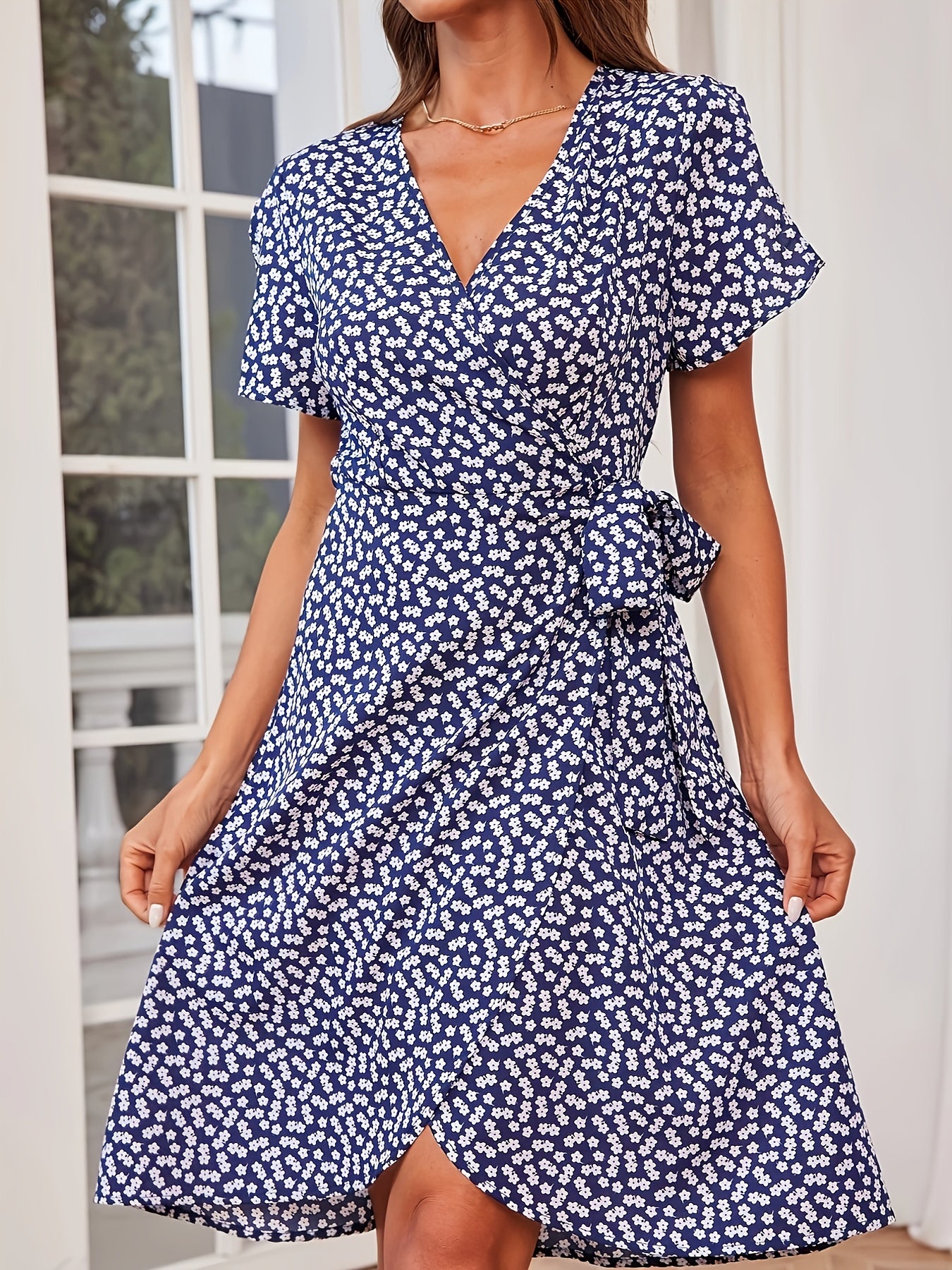 Floral Print Vacation Dress V Neck Short Sleeve Knot Summer Dress