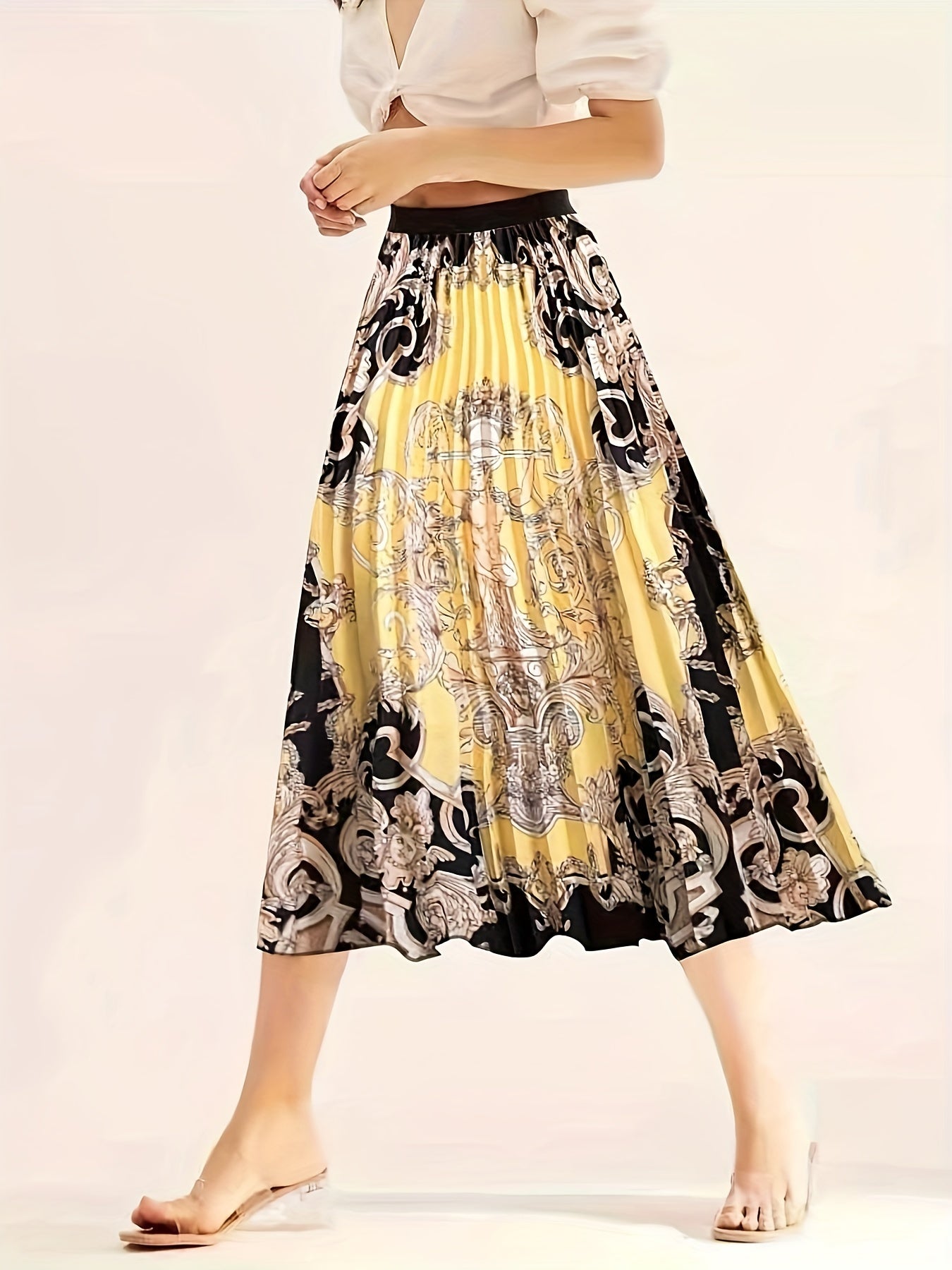  Baroque Print High Rise Pleated Maxi Skirt