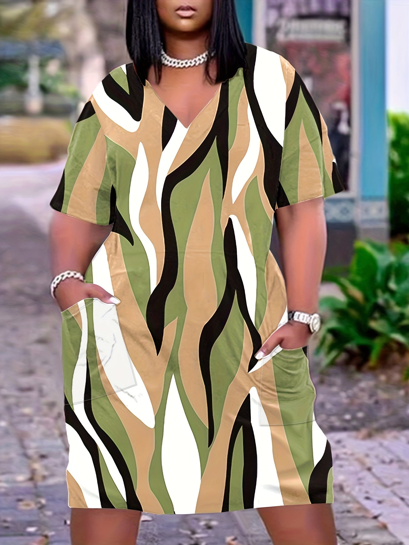  Colorblock Stripe Print Dress With Pockets
