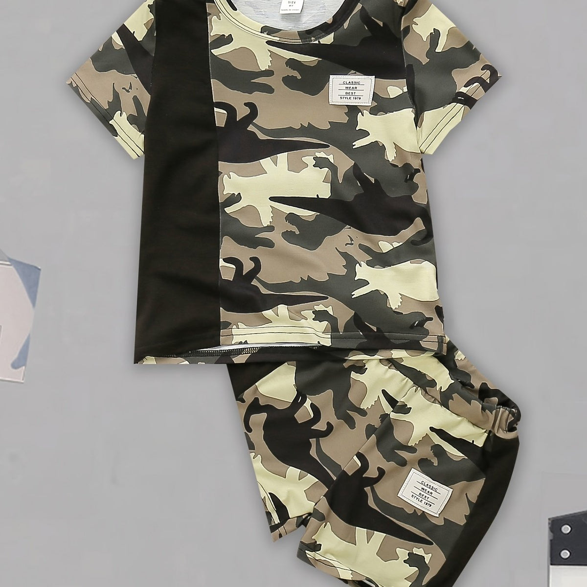 Boys Dino Print Camo T shirt & Shorts Set Kids Summer Clothes