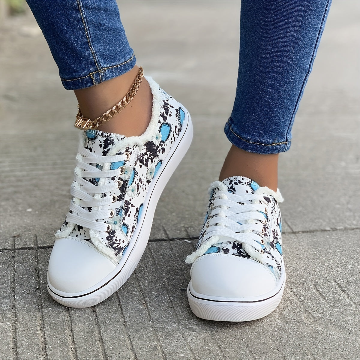 Floral Print Canvas Lace Up Sneakers Low Top Flat Walking Shoes