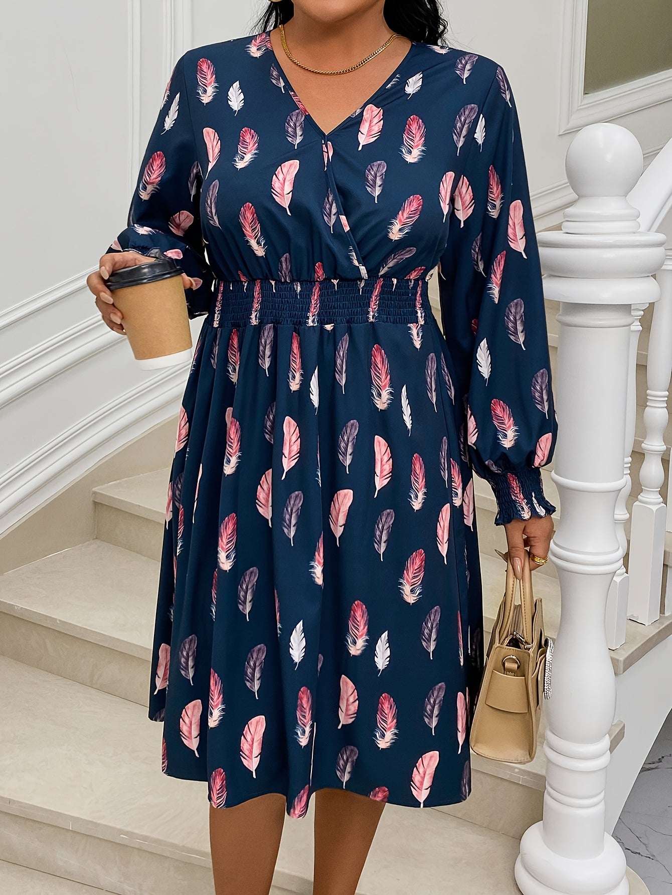  Casual Dress Women's Plus Feather Print V Neck Dress