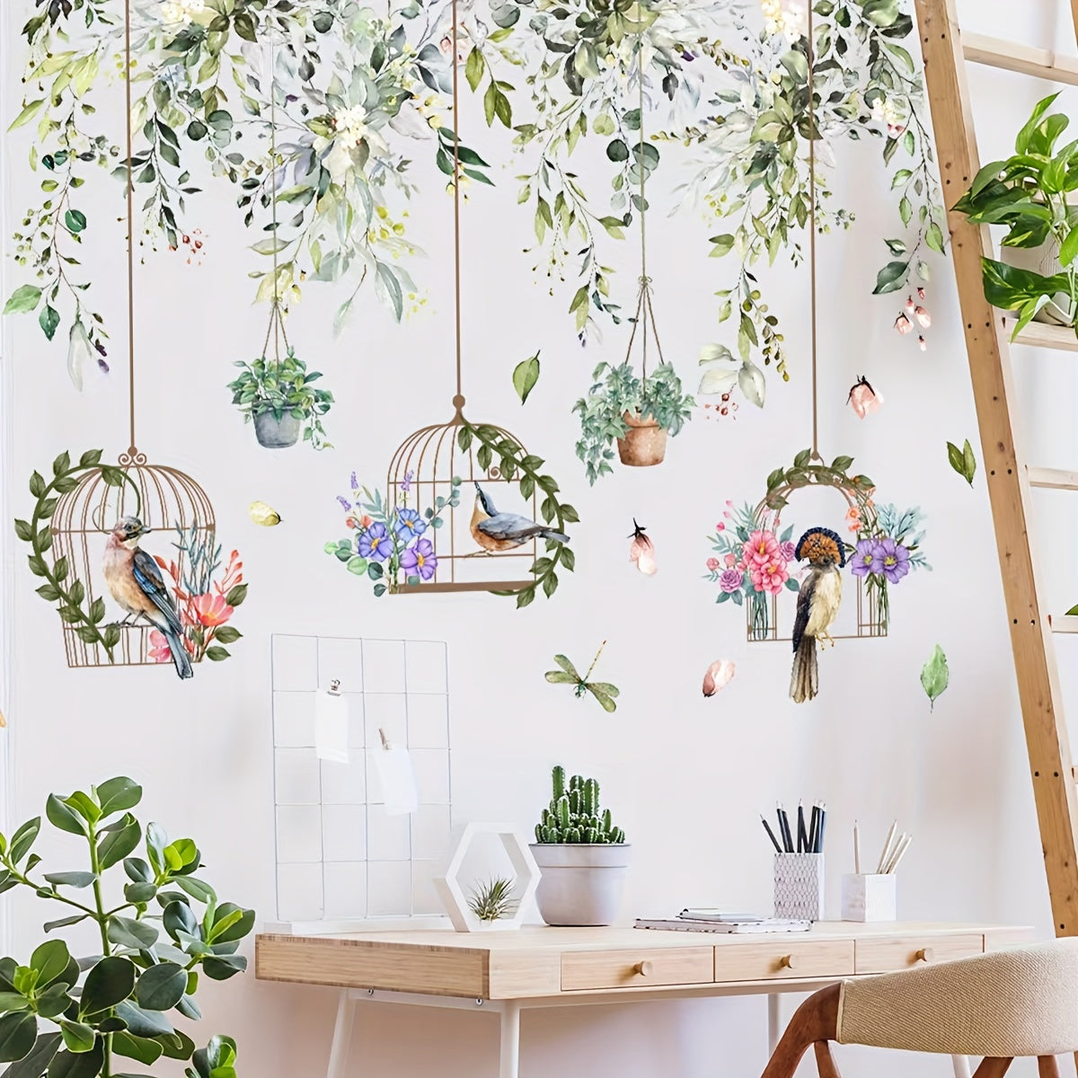 2pcs Flower Vine Tree Branches And Birds Wall Stickers Self Adhesive Decor