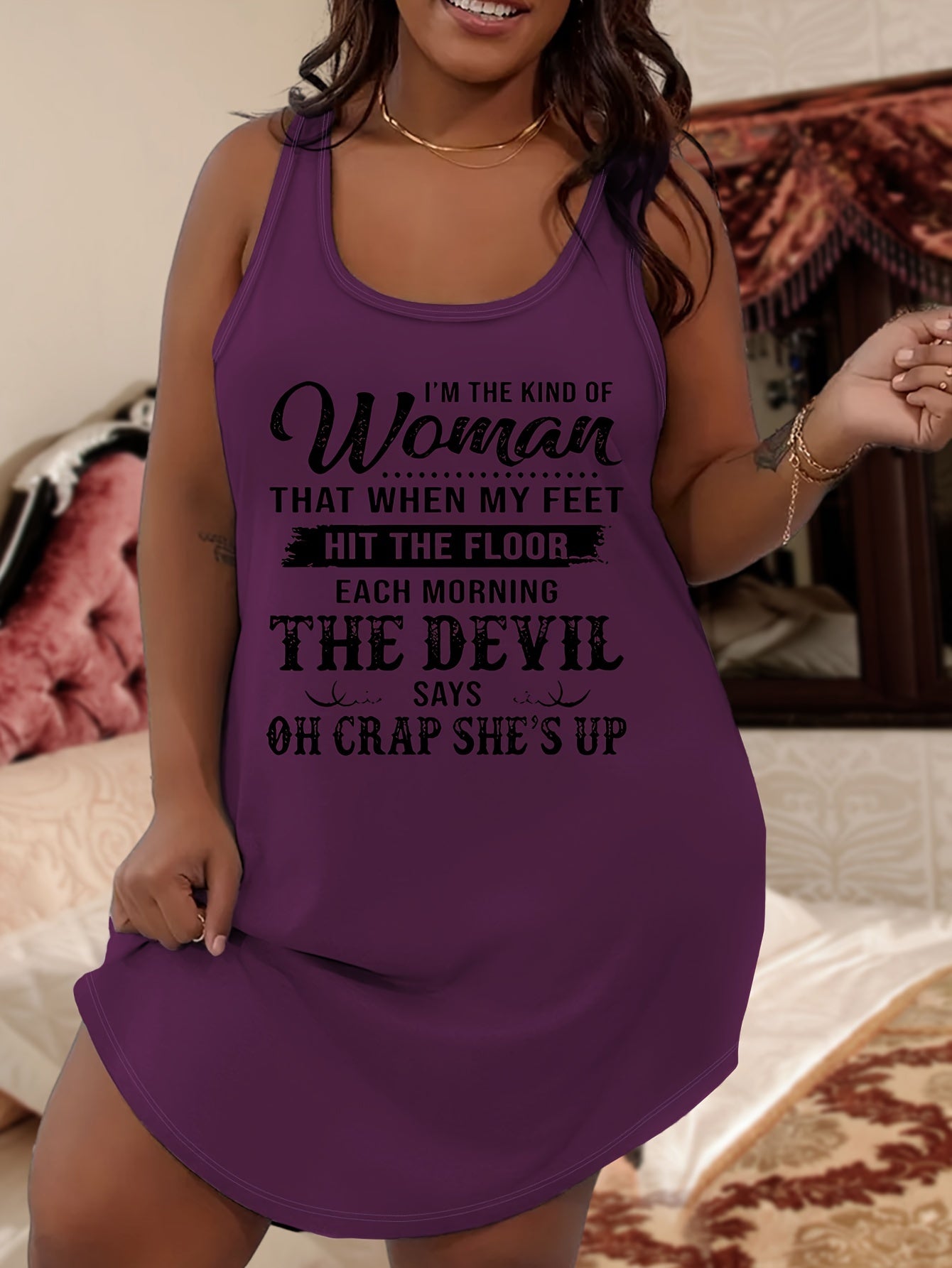  Casual Nightdress Women's Plus Letter Print Racer Back Tank Sleep Dres