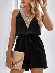 Guipure Lace Belted Romper Jumpsuit