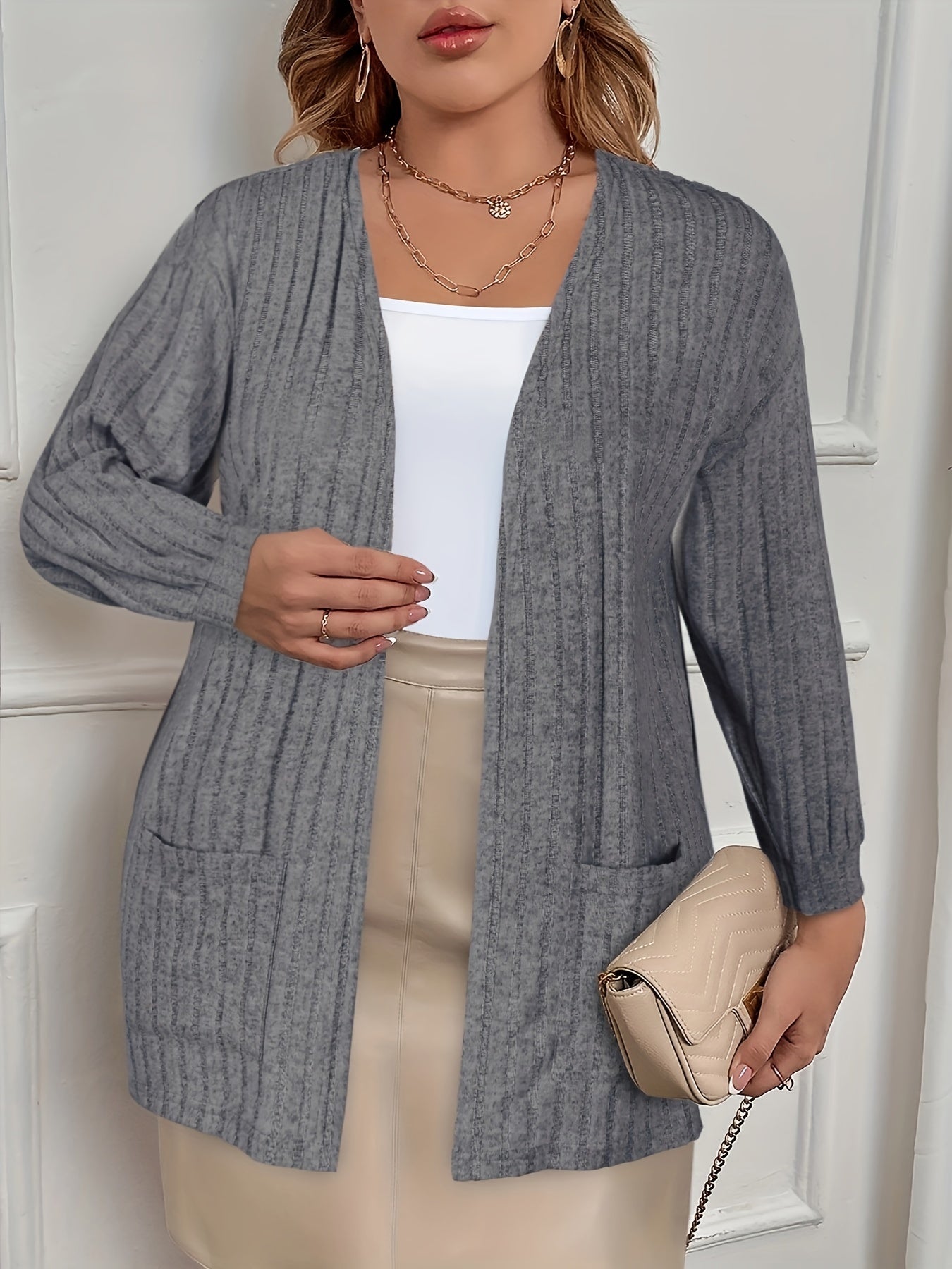  Solid Ribbed Long Sleeve Open Front Stretch Cardigan