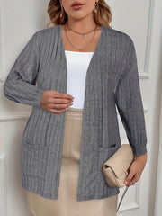 Solid Ribbed Long Sleeve Open Front Stretch Cardigan