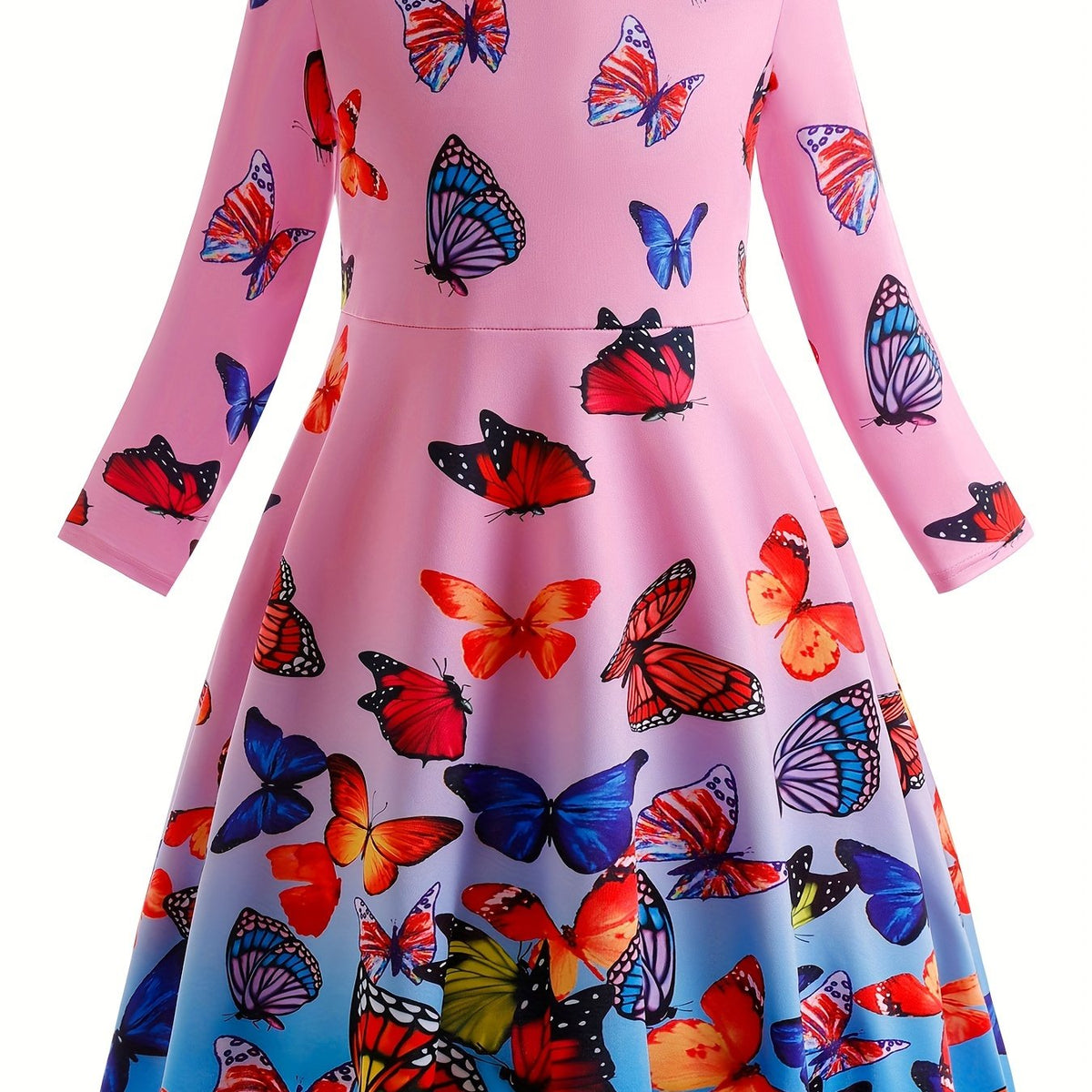 Girls Butterfly Graphic Long Sleeve Dress Spring Fall Party