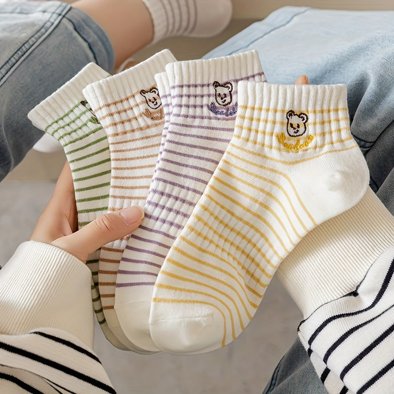 5 Pairs Cartoon Bear Print Socks Lightweight Ankle Stockings