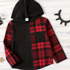 Boys Plaid Hooded Jacket Zip Up Long Sleeve