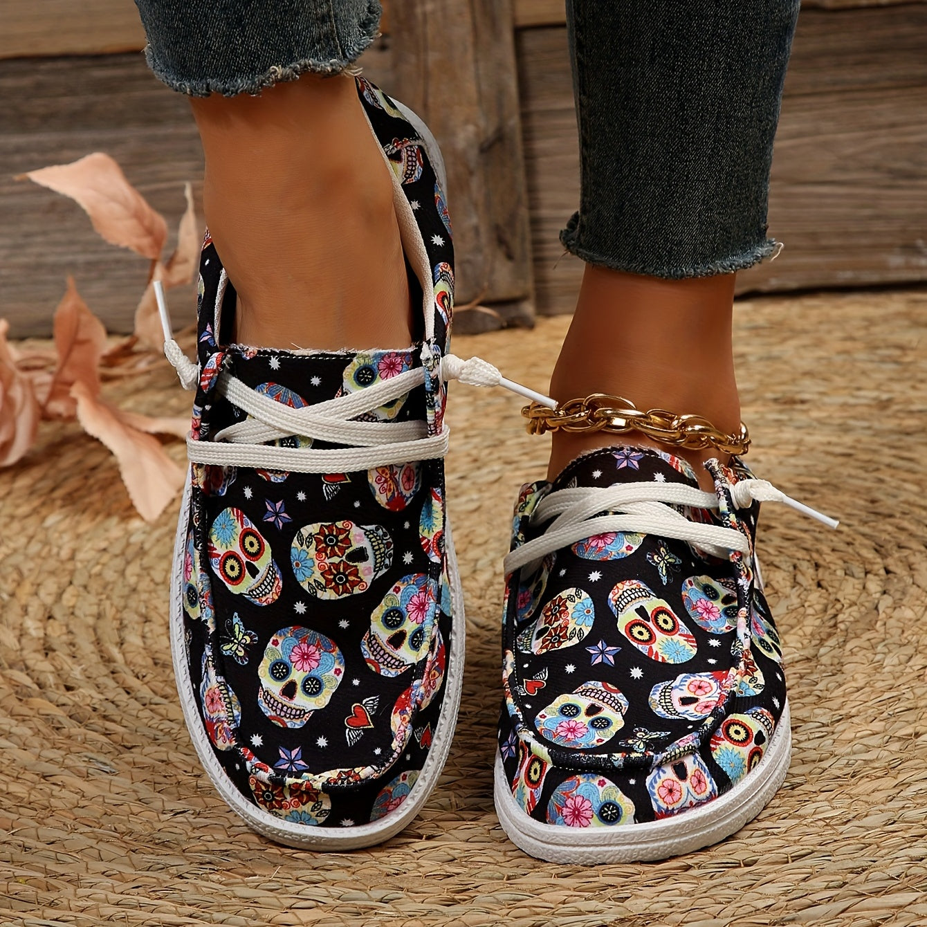 Women's Print Canvas Shoes Lightweight Slip On Flat Casual Walking Shoes