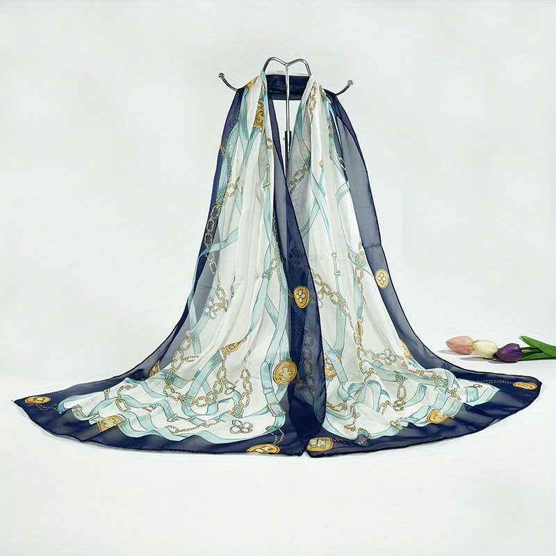 Classic Chain Print Chiffon Scarf Vintage Breathable Shawl Women Casual Head Wra