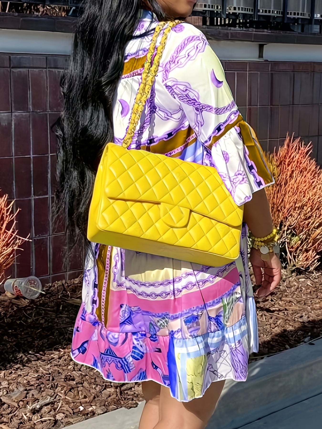  Colorblock Chain Print Ruffle Trim Smock Dress