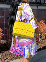  Colorblock Chain Print Ruffle Trim Smock Dress