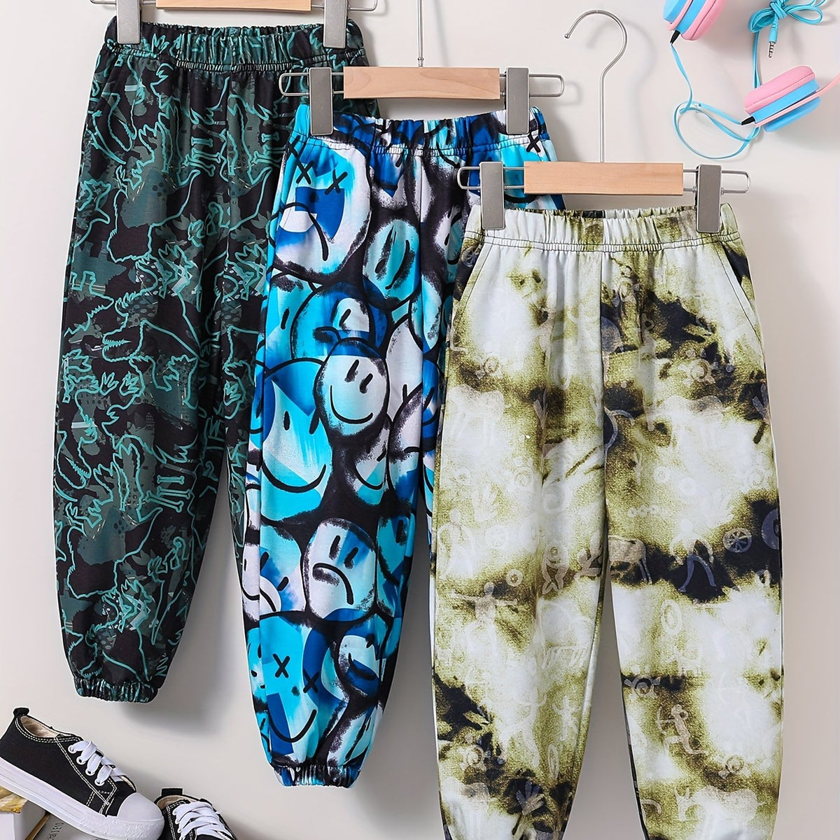 3pcs Boys Tie Dye Smiling Dinosaur Print Jogger Sports Pants