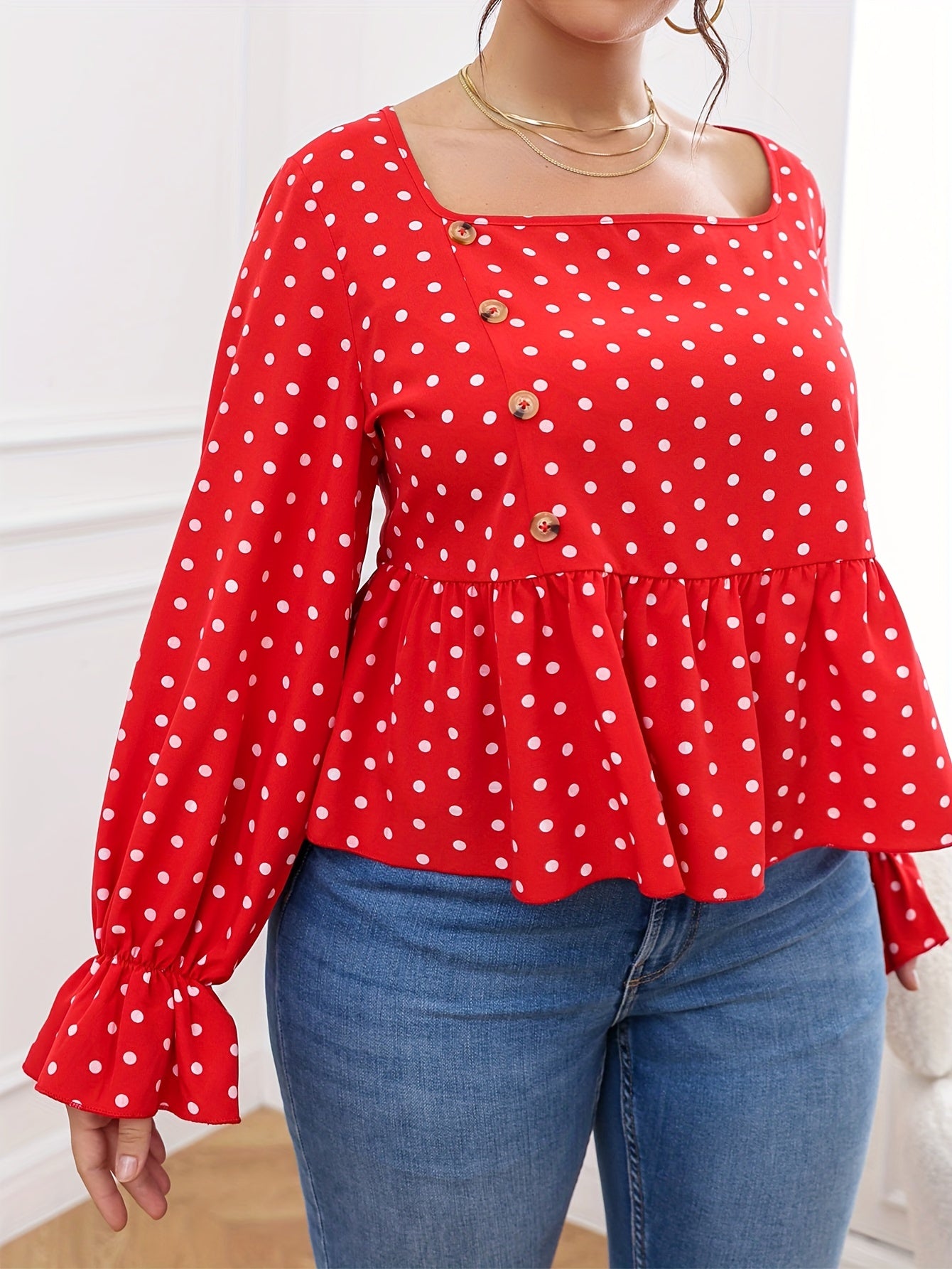  Polka Dot Lantern Sleeve Peplum Top