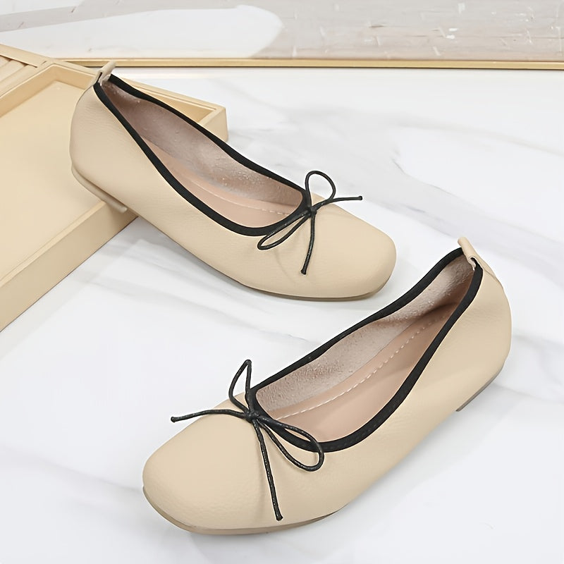 Soft Women's Flat Shoes Bow Decor Square Head Ballet Shoes