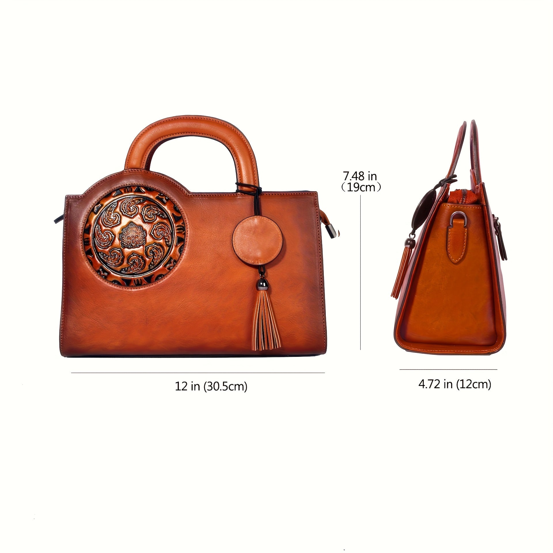 Leather Floral Tote Bag Soft Light Brown Shoulder Satchel